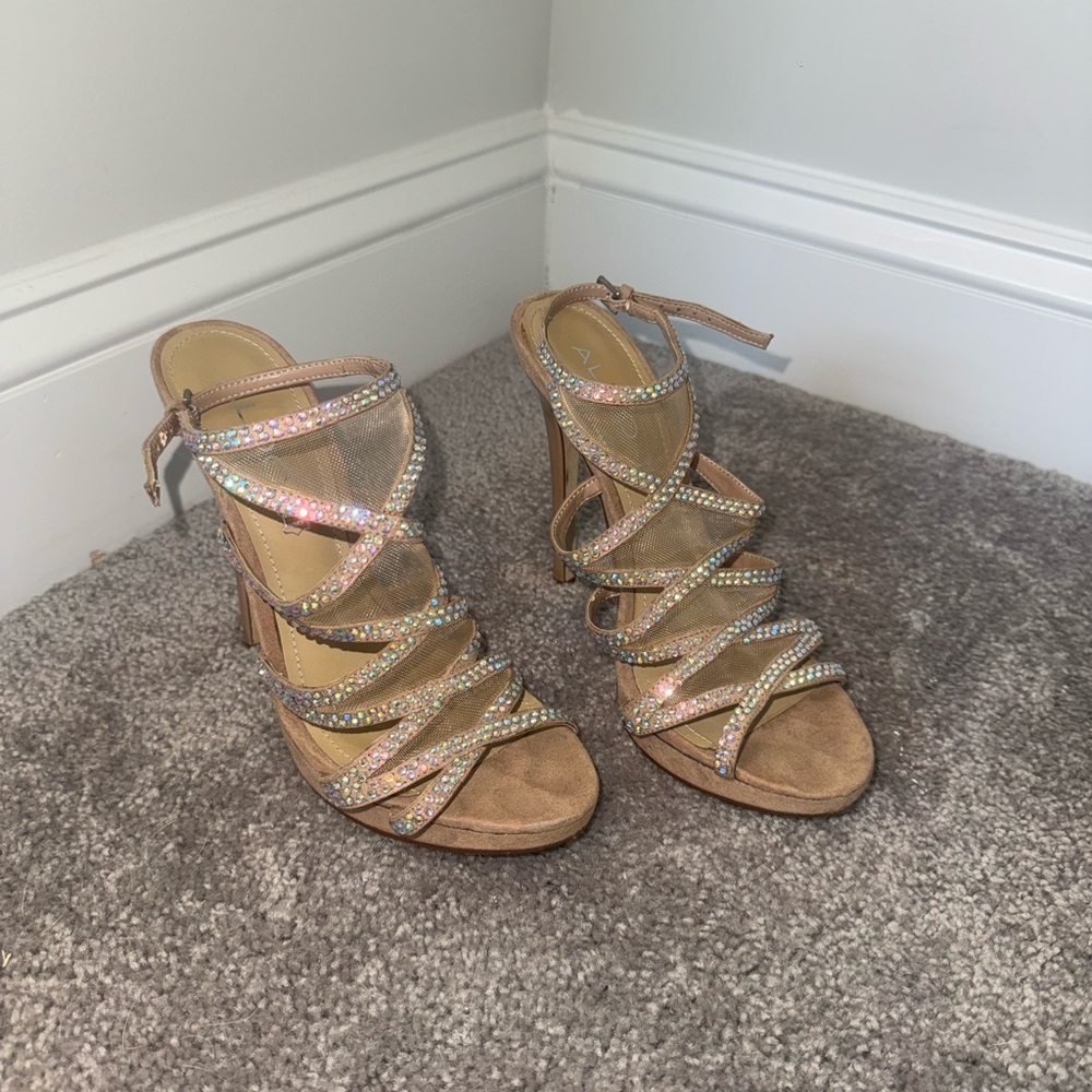 ALDO Rhinestone Strappy Tan High Heel Sandals
